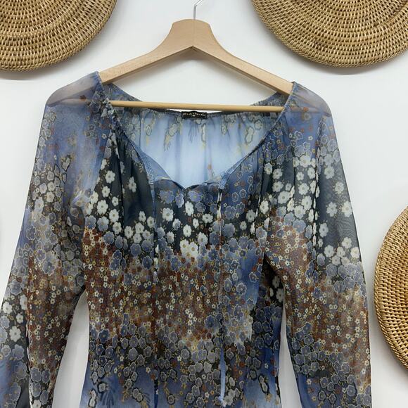 Vintage Y2K 2000s FANG Blue Flower Floral Tie Neck Sheer Blouse Top Medium Boho - Picture 4 of 6